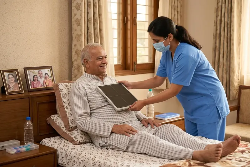 Elderly patient receiving comfortable X-ray care at home from a trained professional